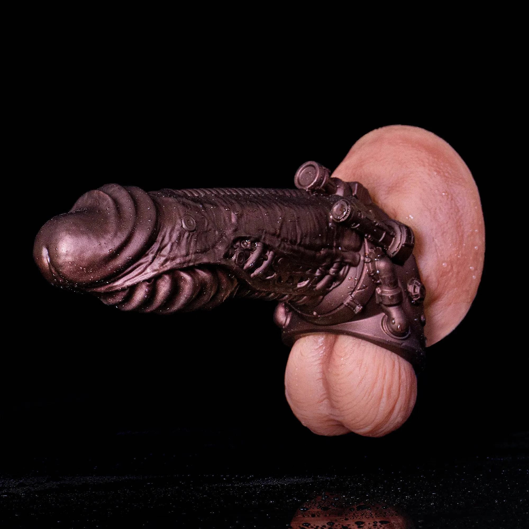 Oieffur Cyberpunk Sheath Male Extender Sleeve, mechanical real feel penis sheath, close-up view showing textured design and realistic material. 메인 이미지