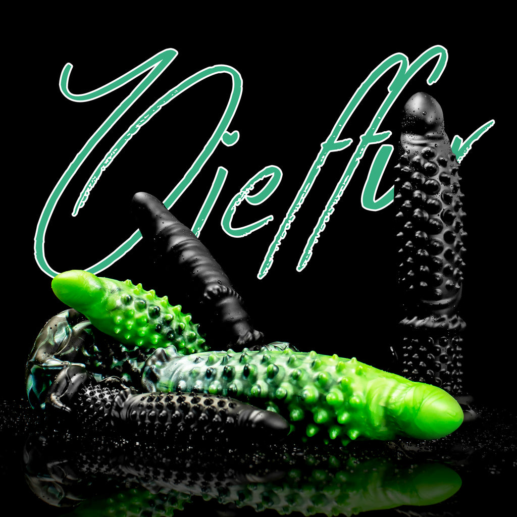 Black Abyss Spiked Dildo from Oieffur, a platinum silicone fantasy dildo with a textured, spiked design for intense sensation.
