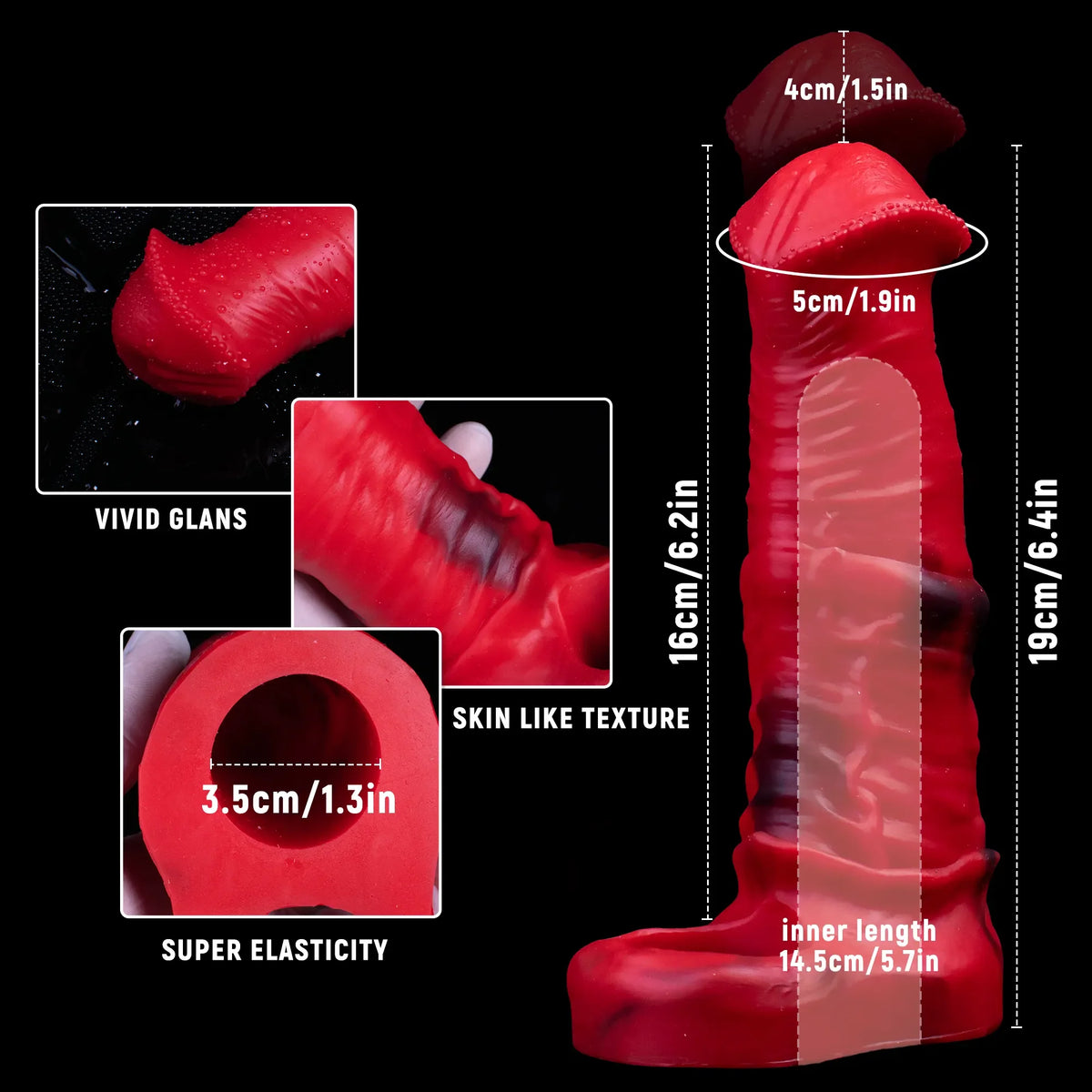 Horse Sheath red and black penis sleeve from Oieffur, extending girth and length, shown in a close-up image highlighting the sculpted sheath.